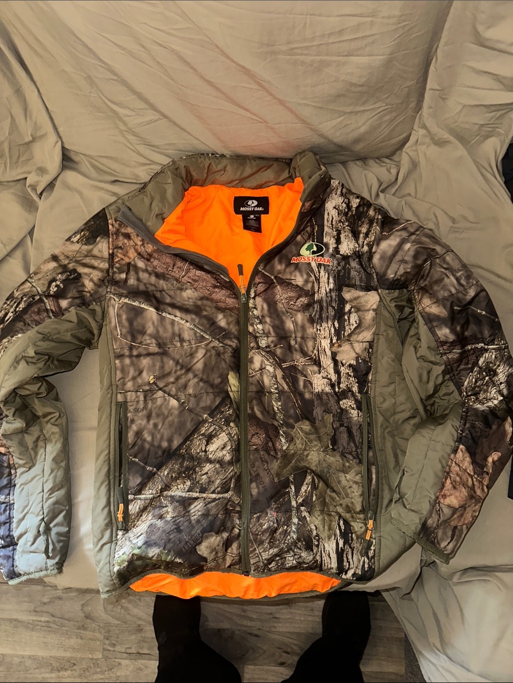 Mossy Oak Camo Puffer Jacket with Bright Orange Lining